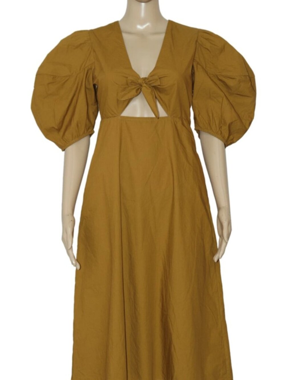 Rhode Tie Waist Golden Cutout Puff Short Sleeve Cotton Midi Dress XS